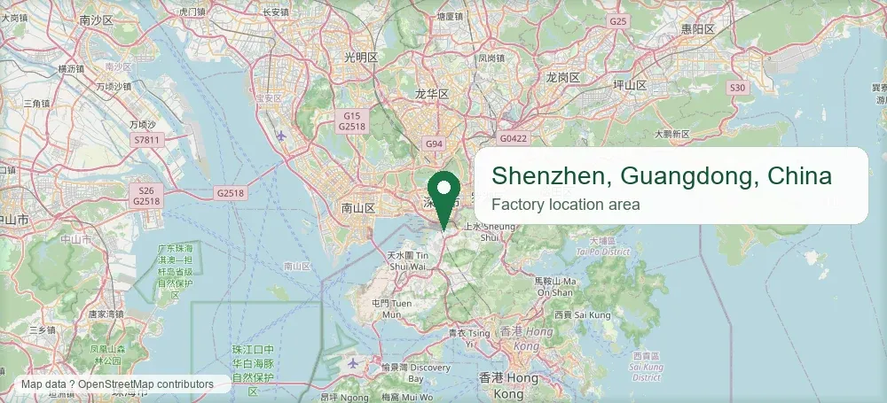 Static map showing Shenzhen, Guangdong, China factory location area