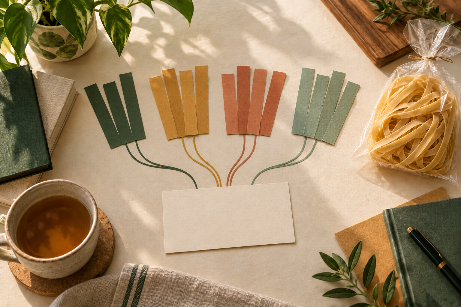 Editorial illustration of four groups of coloured paper strips joining a total card beside a wheat-noodle sample.