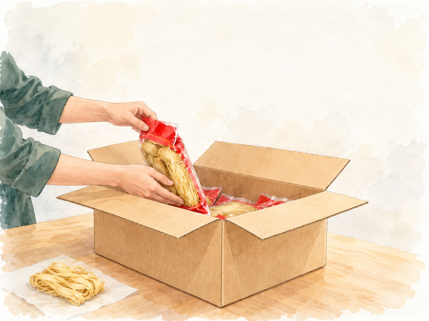 Watercolor illustration of hands packing a noodle sample into a trial-order carton