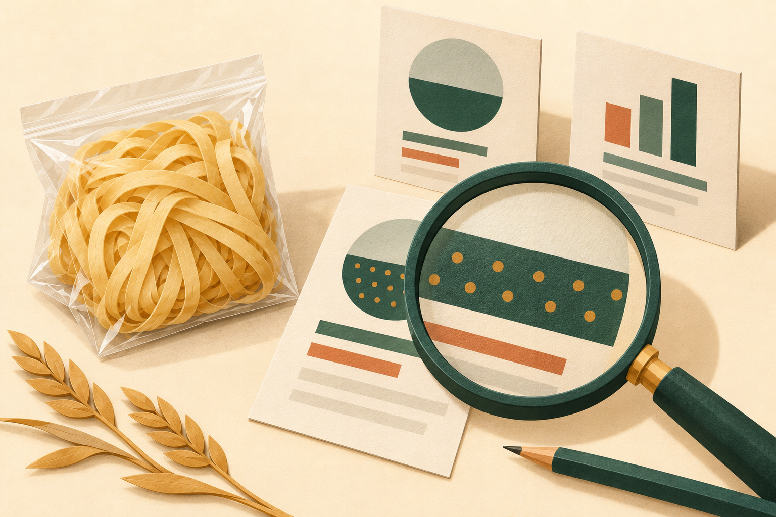 Editorial illustration of a wheat-noodle sample beside abstract report cards examined with a magnifying glass.