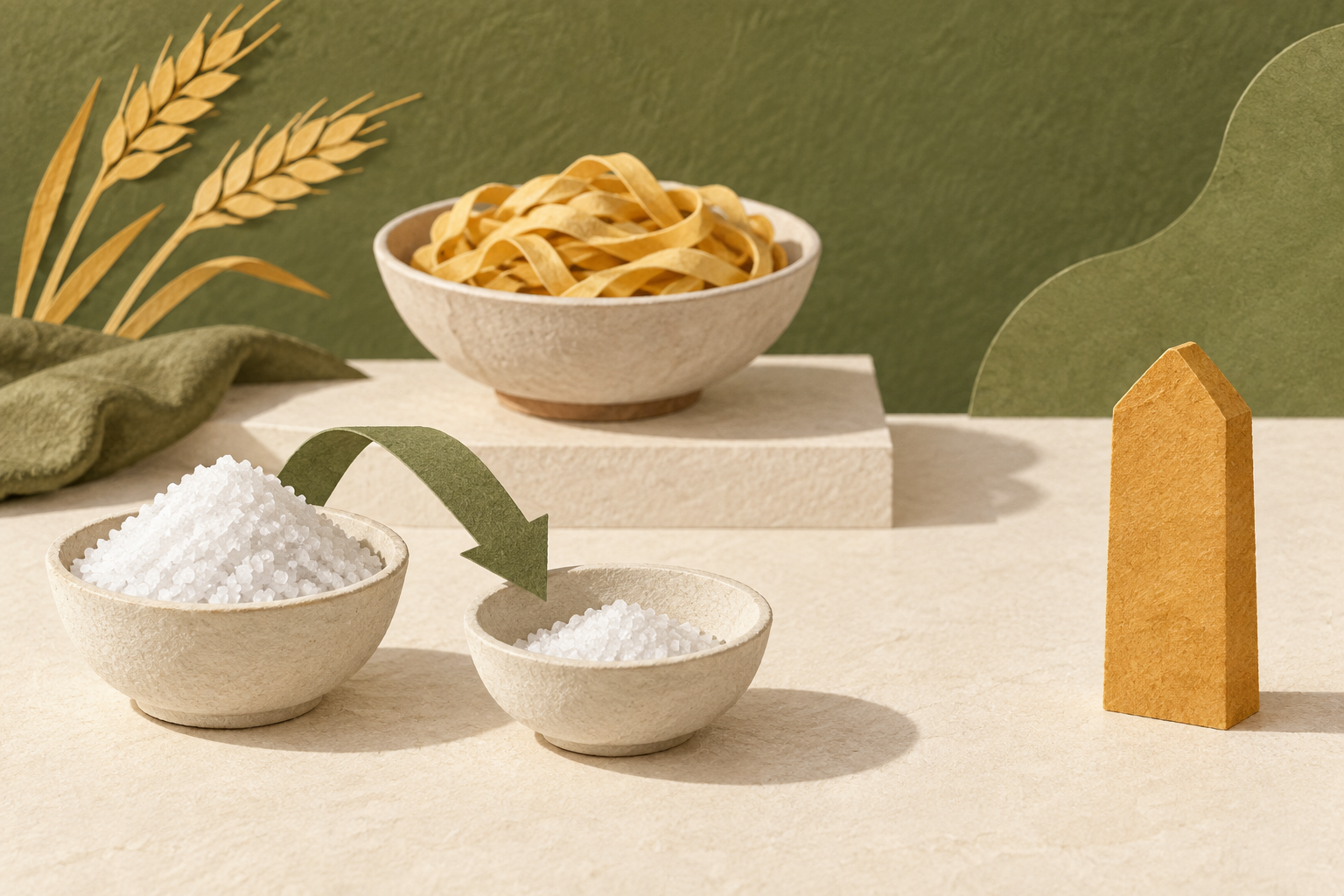 Conceptual salt dishes showing a relative reduction, separate from a threshold marker, beside wheat noodles.