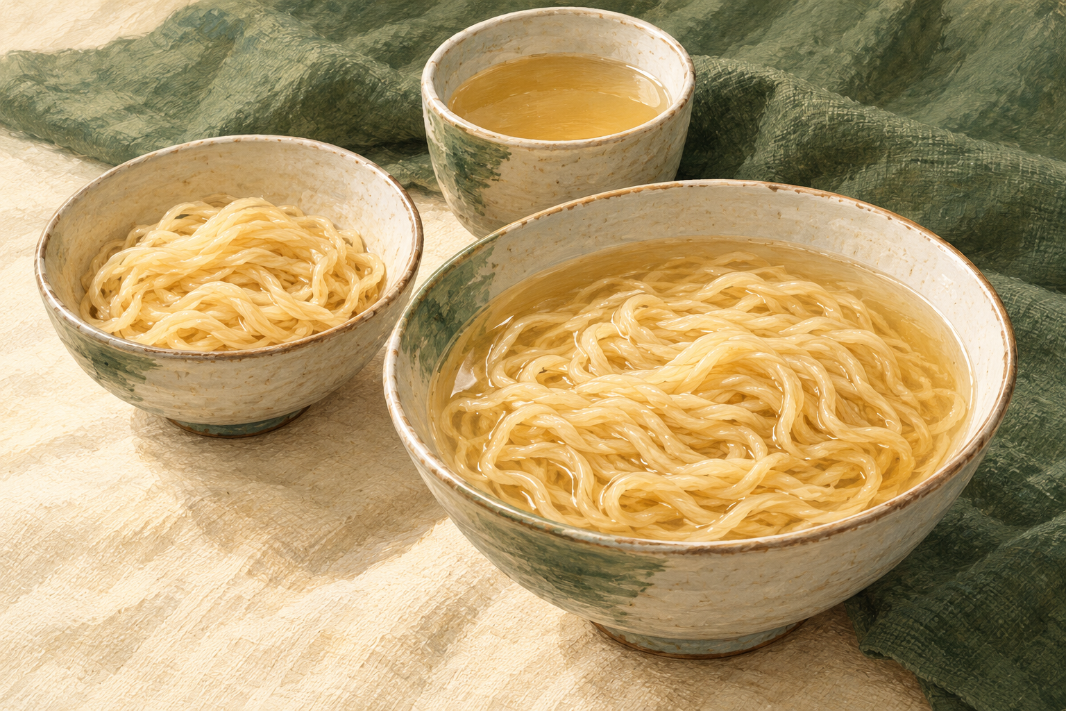 AI-generated conceptual illustration of cooked pale-golden wheat noodles, a separate cup of light broth and a finished noodle soup bowl.