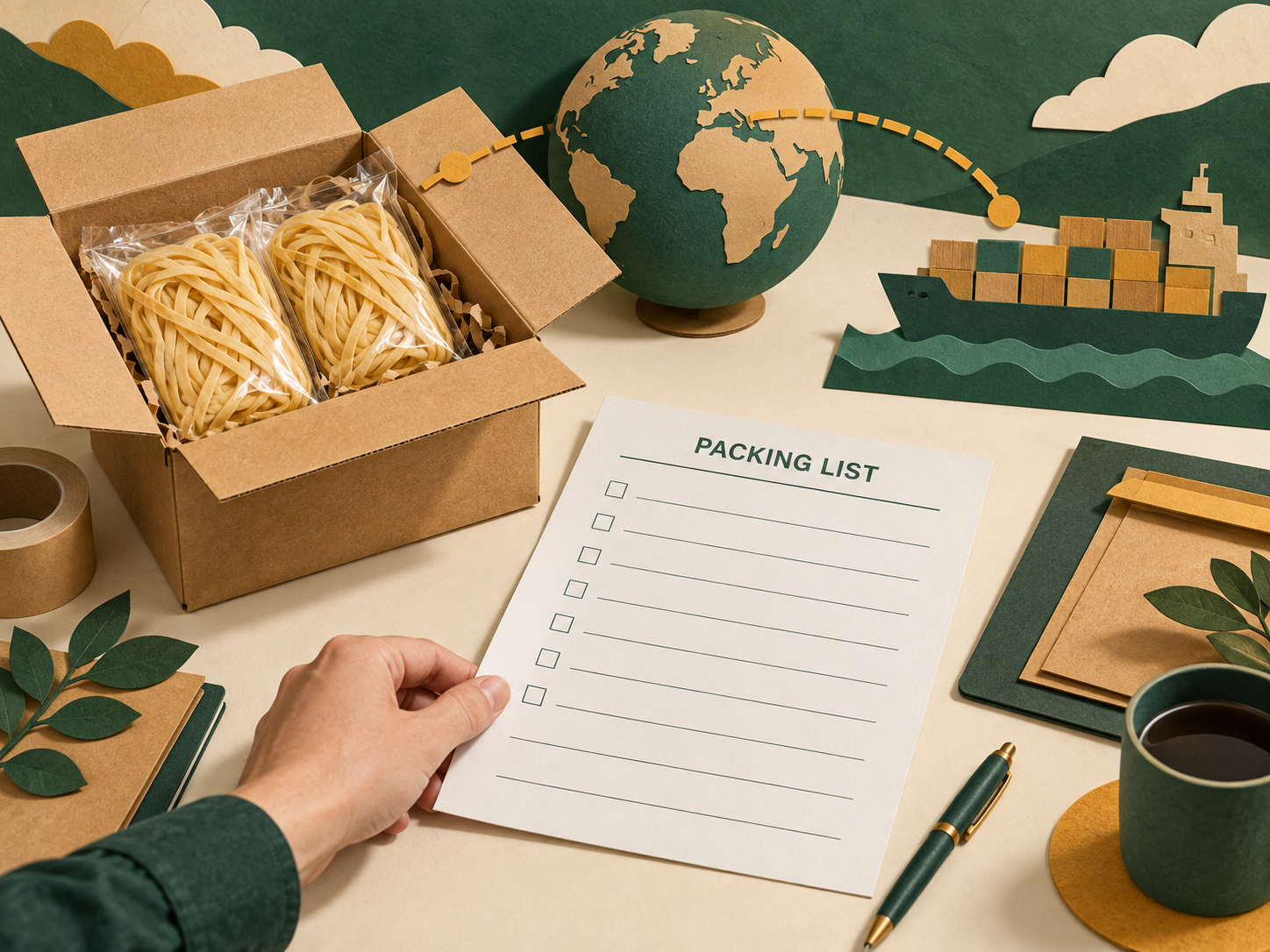 Paper collage illustration of packing lists cartons and noodle shipment planning