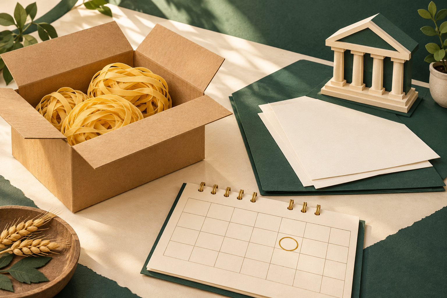 Concept illustration of golden wheat noodles, a separate bank-document folder and a blank calendar.