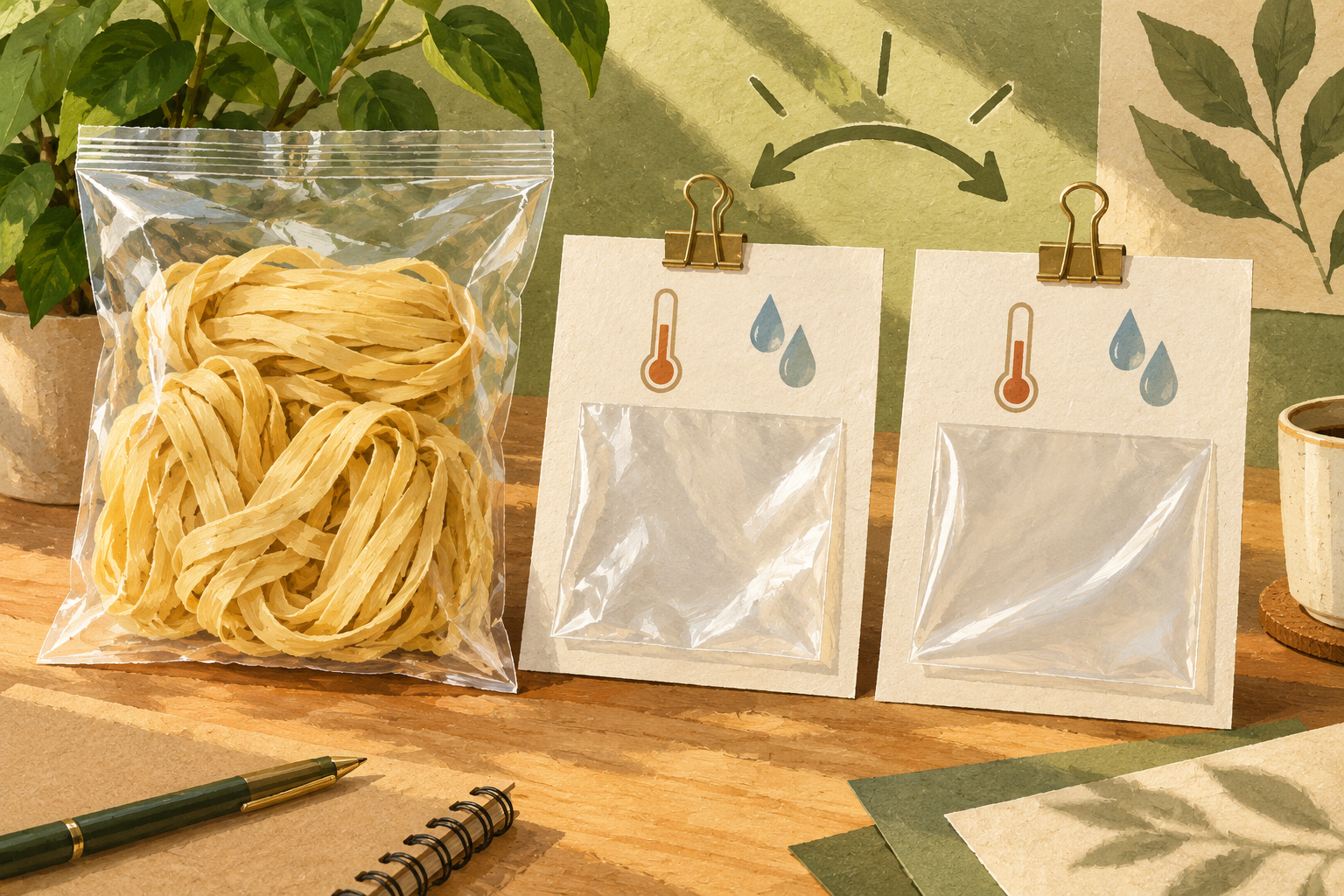 Illustrated noodle pouch beside film samples and temperature and humidity symbols.