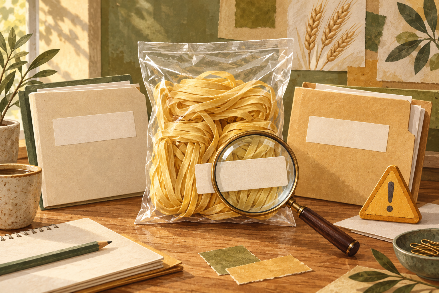 Illustrated wheat noodle pouch with blank review folders, a magnifying glass and a caution symbol.