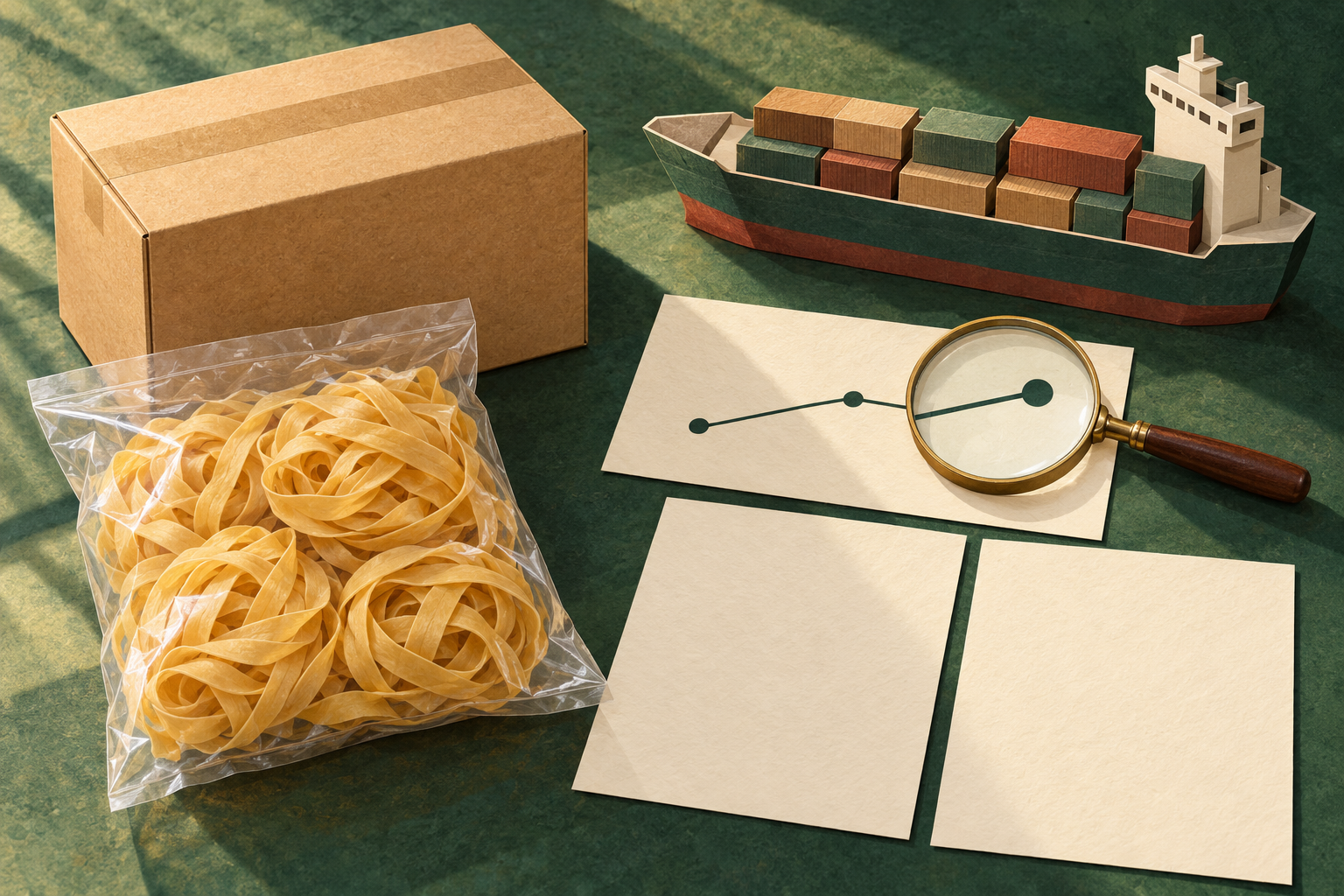 Illustrated noodle shipment carton and cargo ship model beside a route card and blank insurance review sheets.