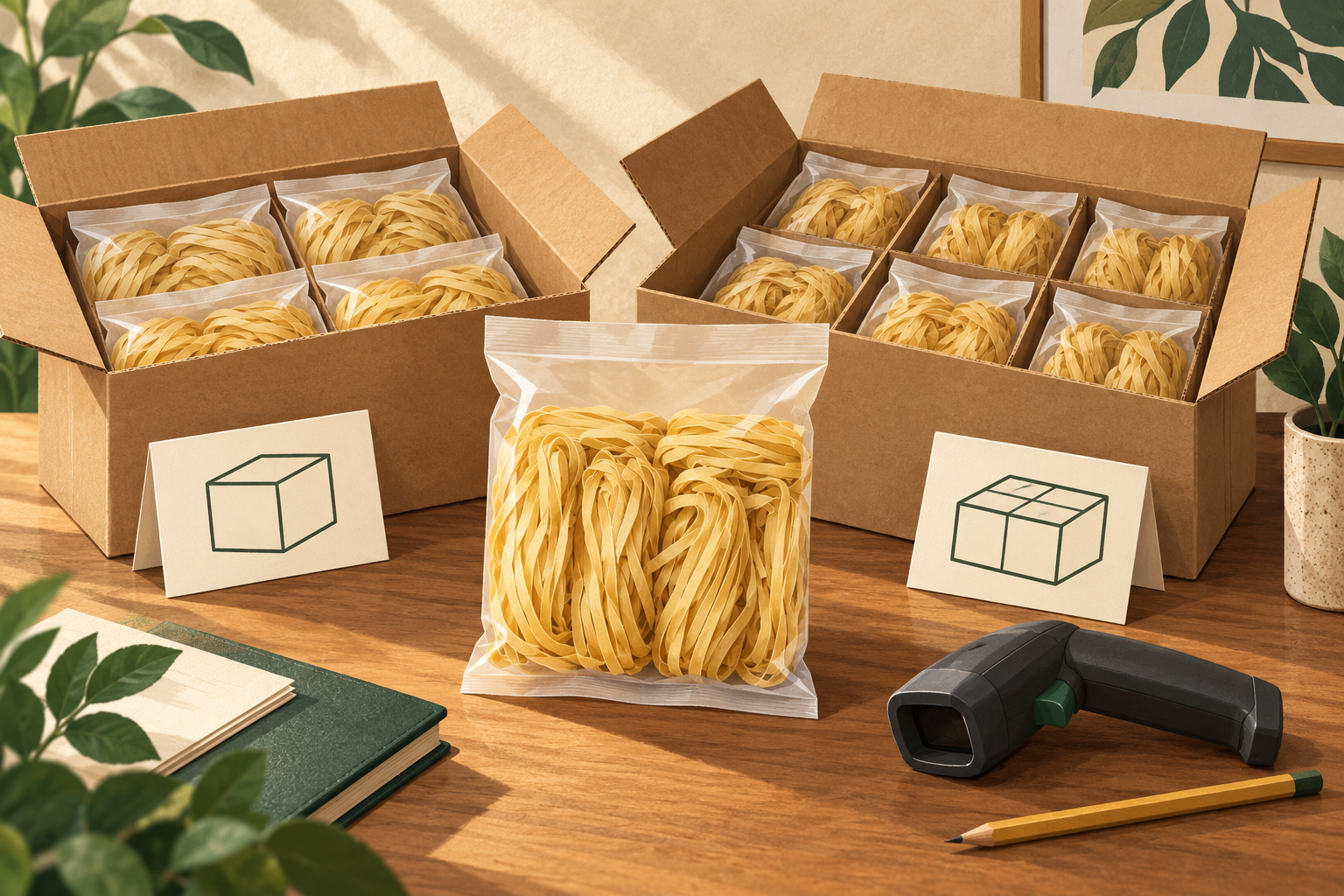 Editorial illustration comparing two outer-carton configurations with unbranded golden wheat-noodle packs and a scanner.
