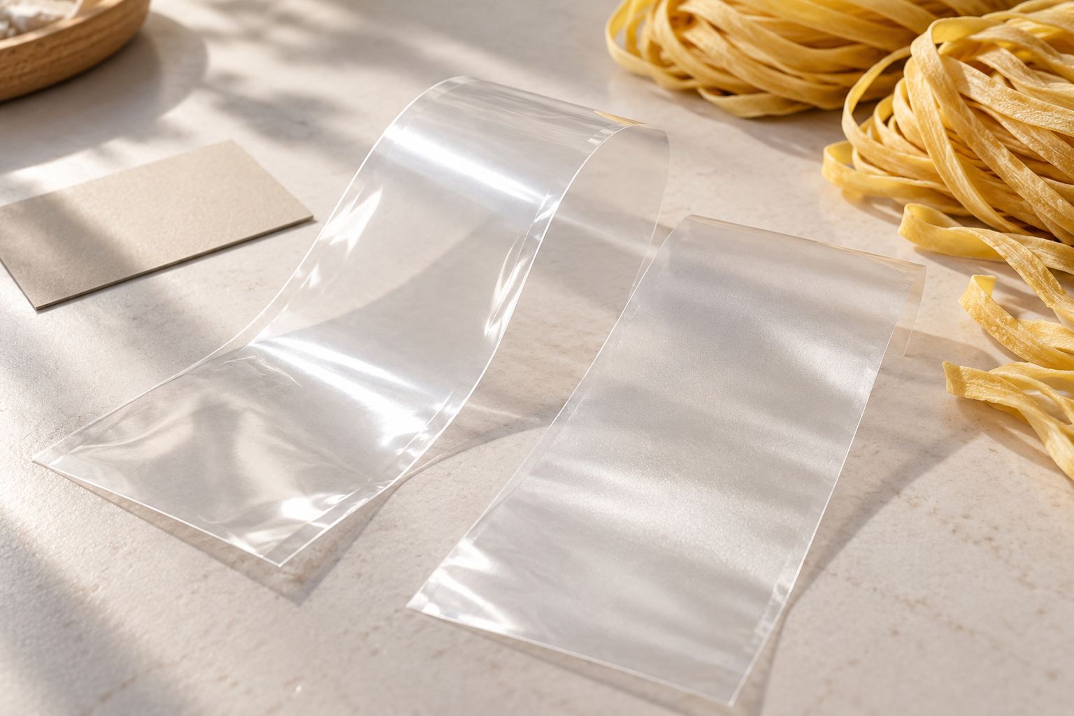 Editorial illustration of two film samples with different reflections beside golden wheat noodles.