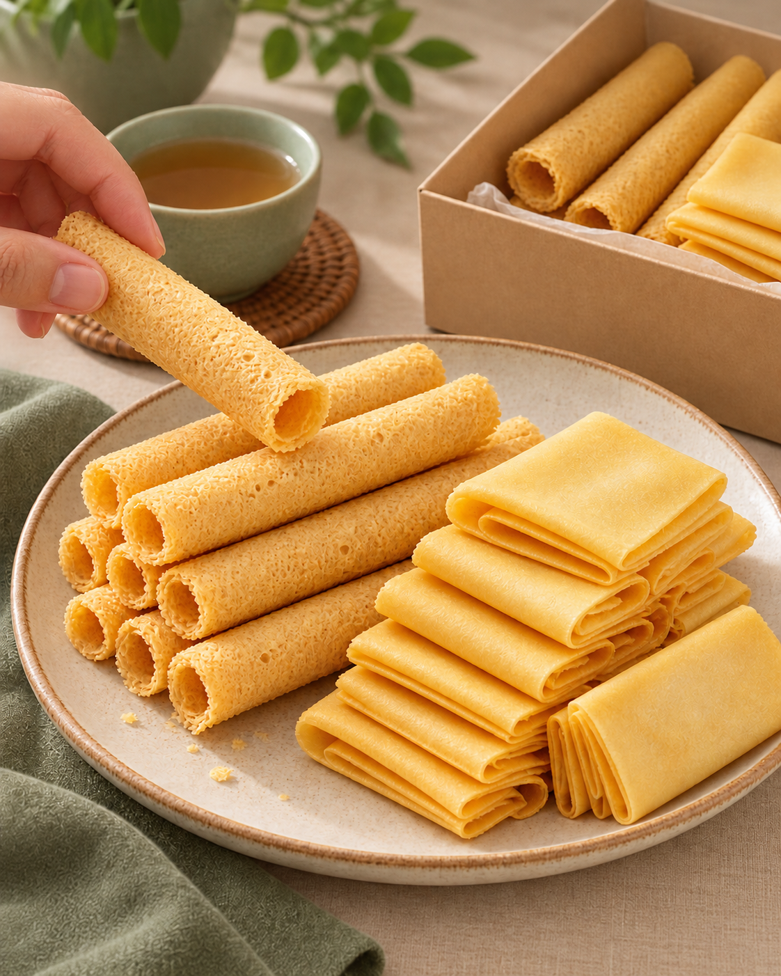 Illustrative egg roll and phoenix roll snack selection scene