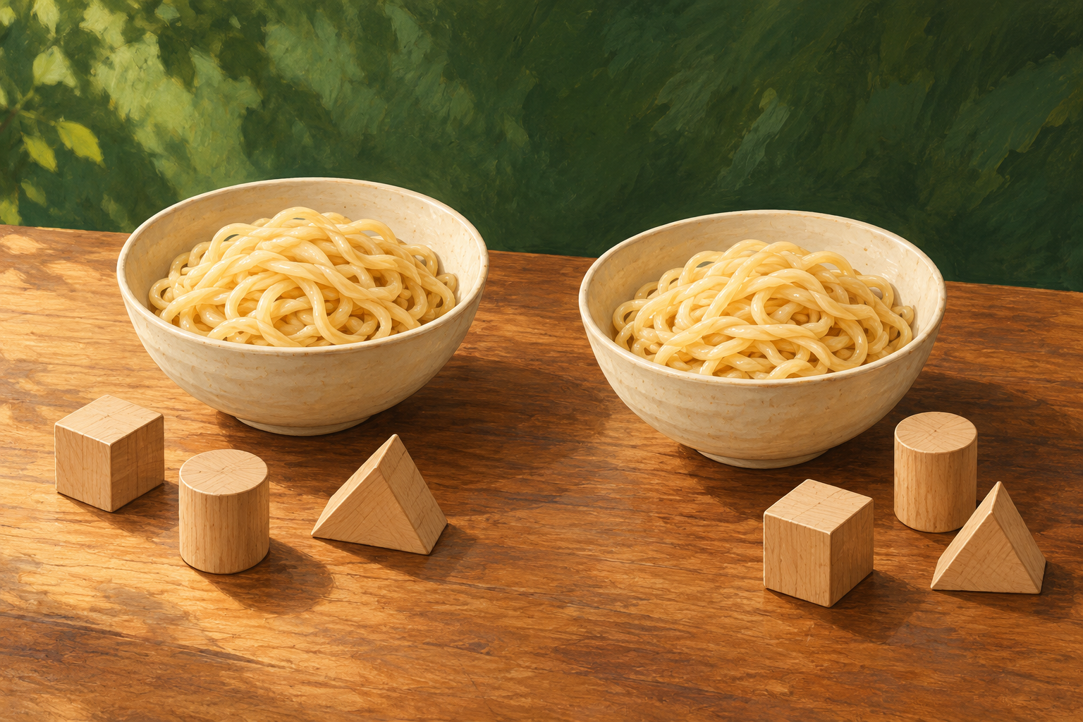 AI-generated conceptual illustration of two bowls of golden wheat noodles, each beside three unlabelled wooden geometric pieces representing components.