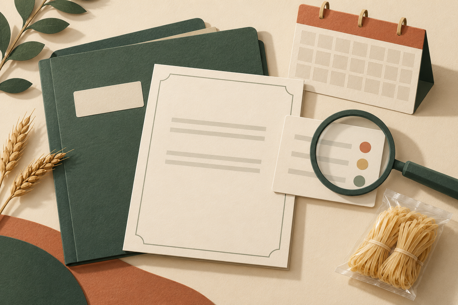 Editorial illustration of a generic certificate sheet, blank calendar and status-check card beside wheat noodles.