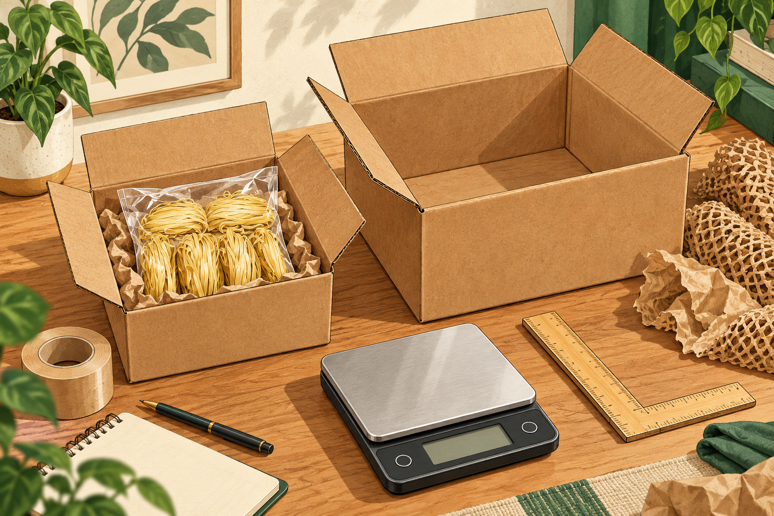 Illustrated noodle sample pouch in a small carton beside a larger carton, scale and ruler.
