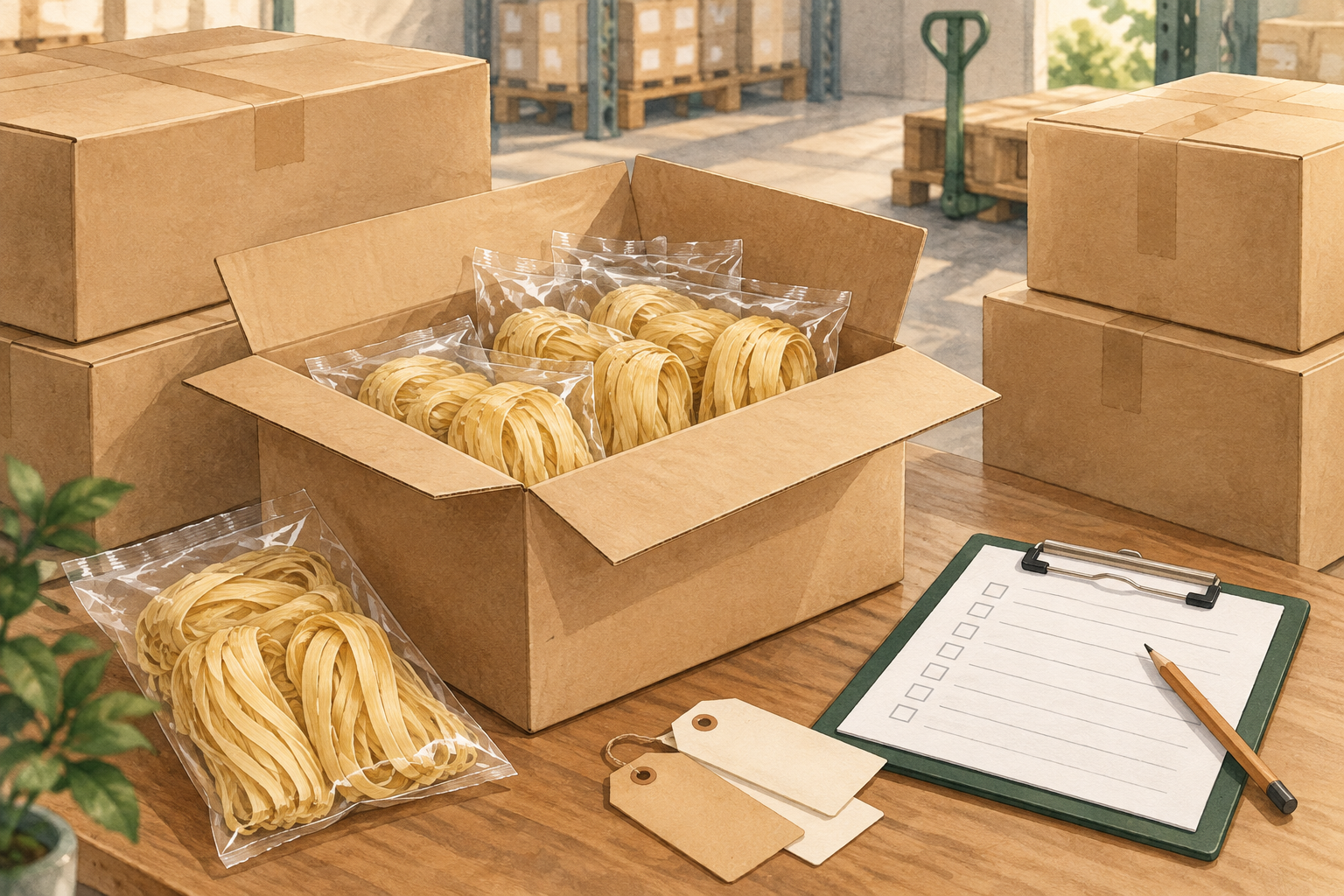 Editorial illustration of wheat-noodle cartons and a warehouse receiving checklist.