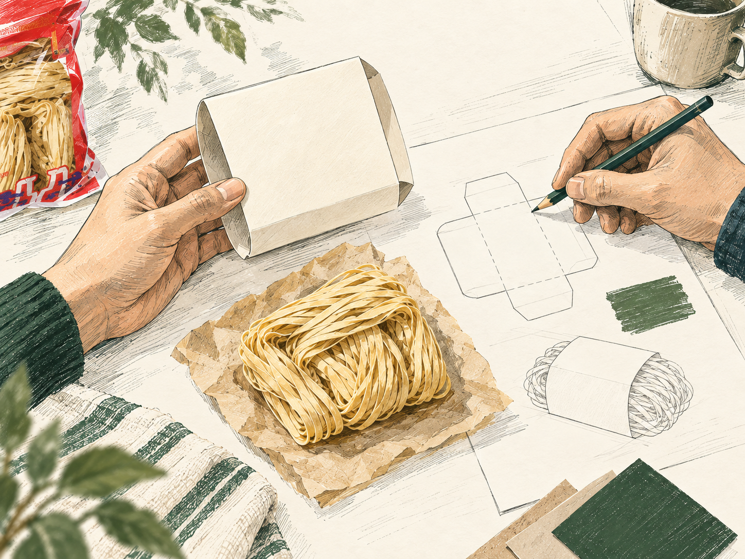 Line illustration of hands discussing a paper sleeve for private-label noodle packaging