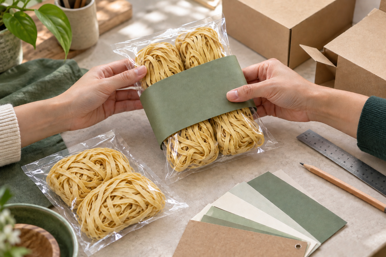 Illustrative OEM packaging review with golden wheat noodle samples a green sleeve and packaging swatches