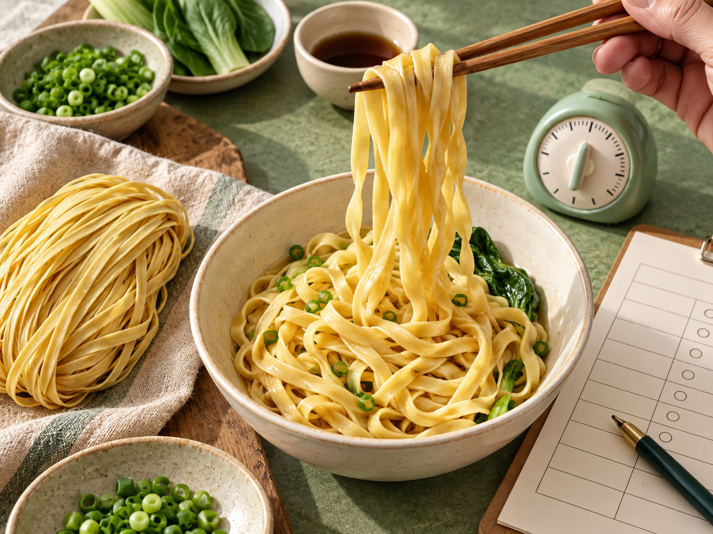 Illustration of cooking and evaluating golden wheat egg noodles with a timer and notes
