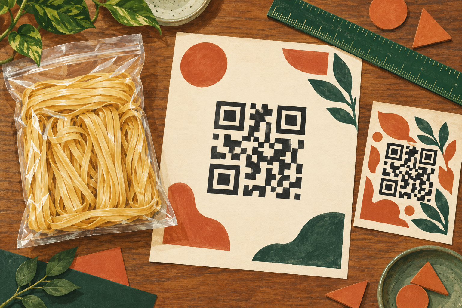 Editorial illustration of wheat noodles and two stylized code layouts with different amounts of surrounding clear space.