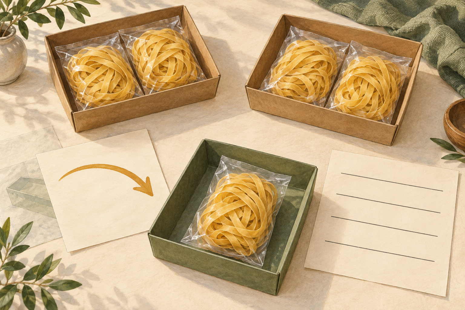 Illustrated wheat noodle sample packets with one separate return tray and blank reconciliation sheets.