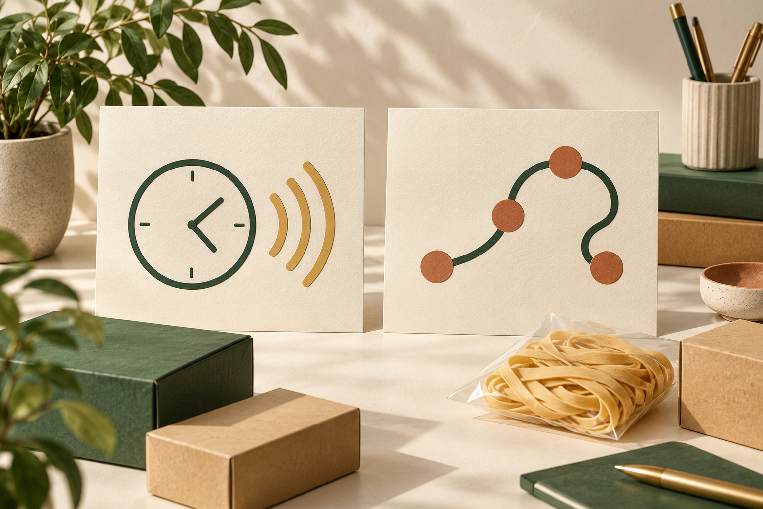 Editorial illustration of a clock and movement symbols beside a separate transport-route card, cartons and wheat noodles.