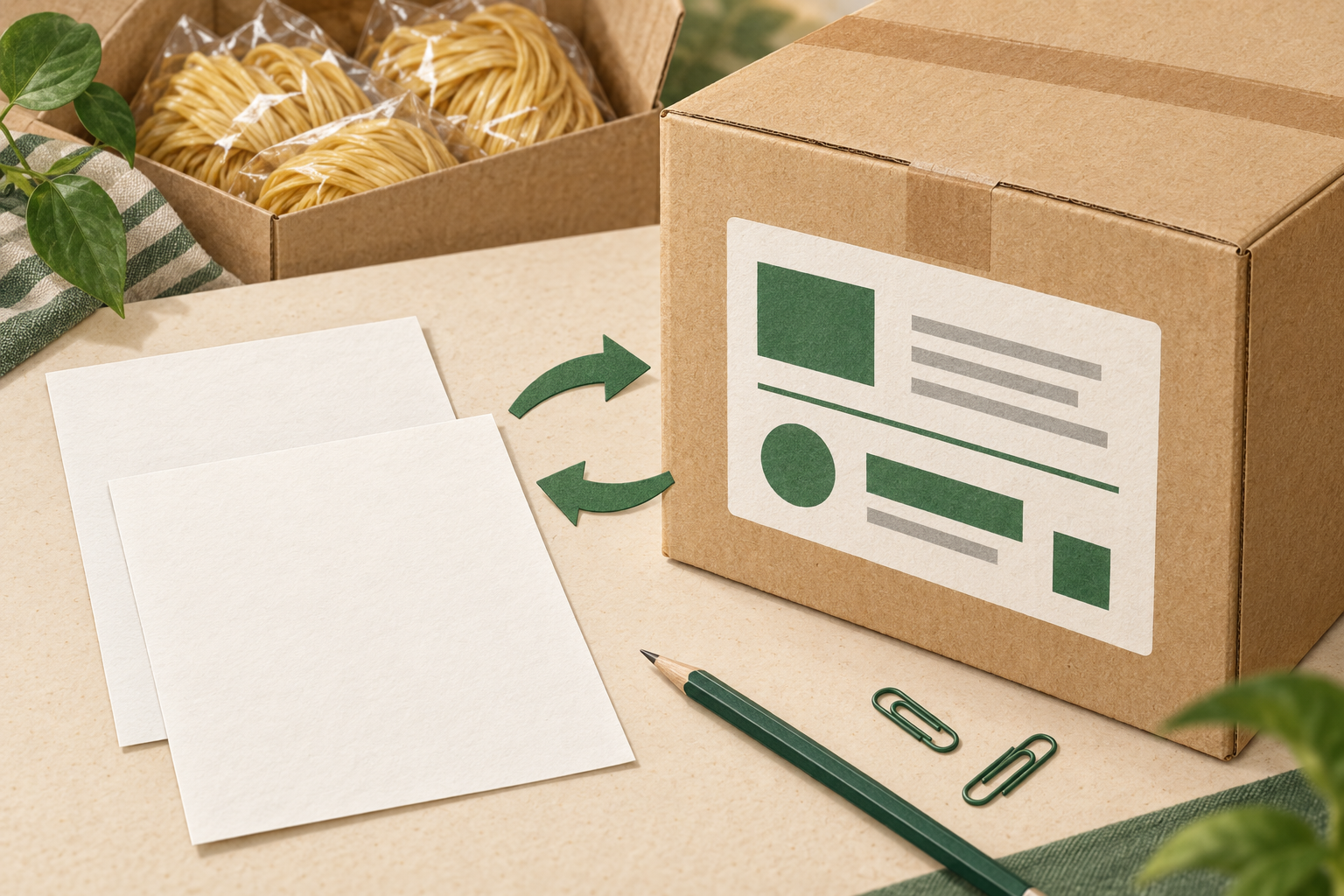 Paper illustration of an abstract carton label compared with two blank order sheets beside packed wheat noodles.