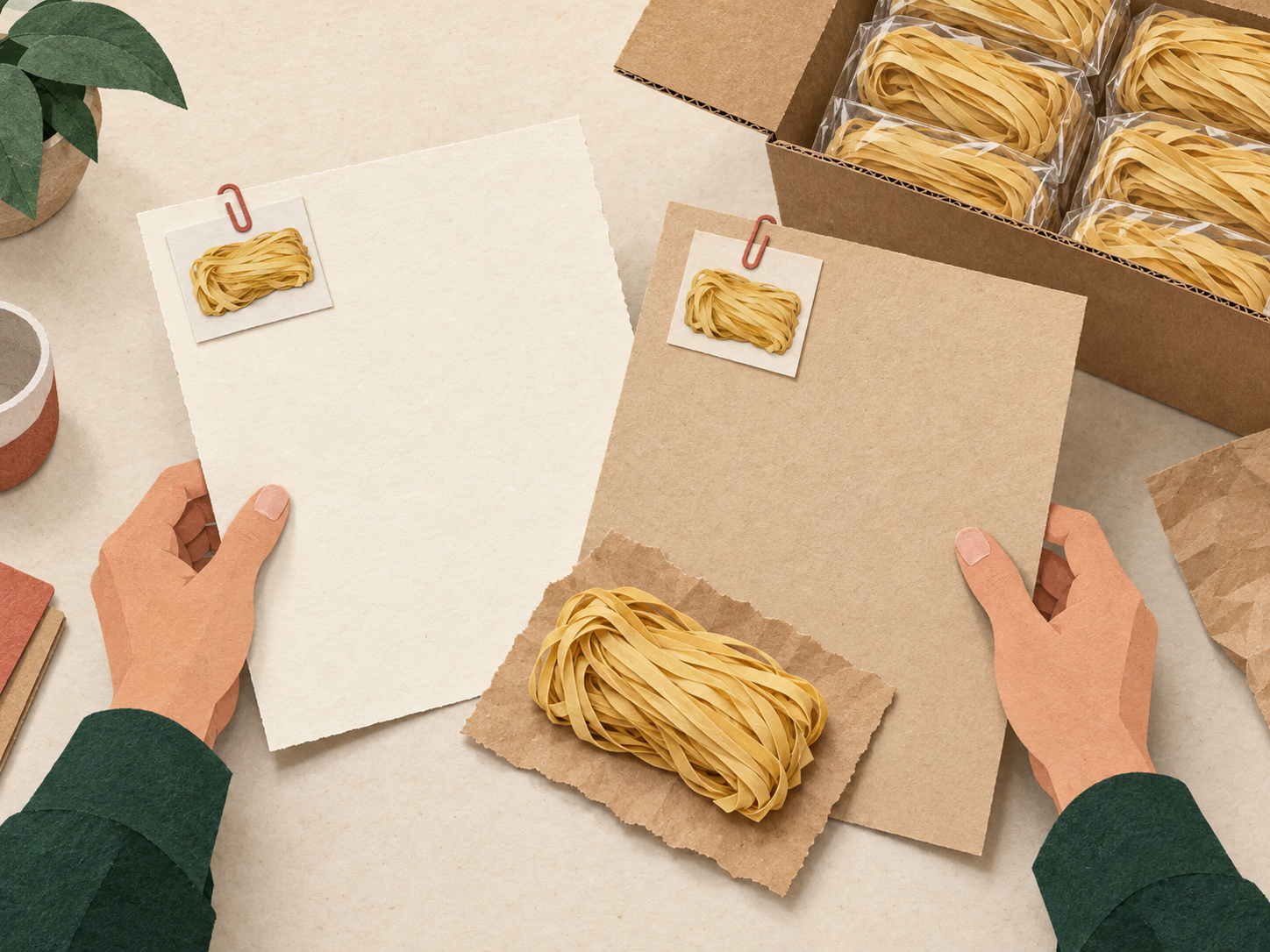 Paper collage illustration of two quotation sheets, noodle samples and a carton