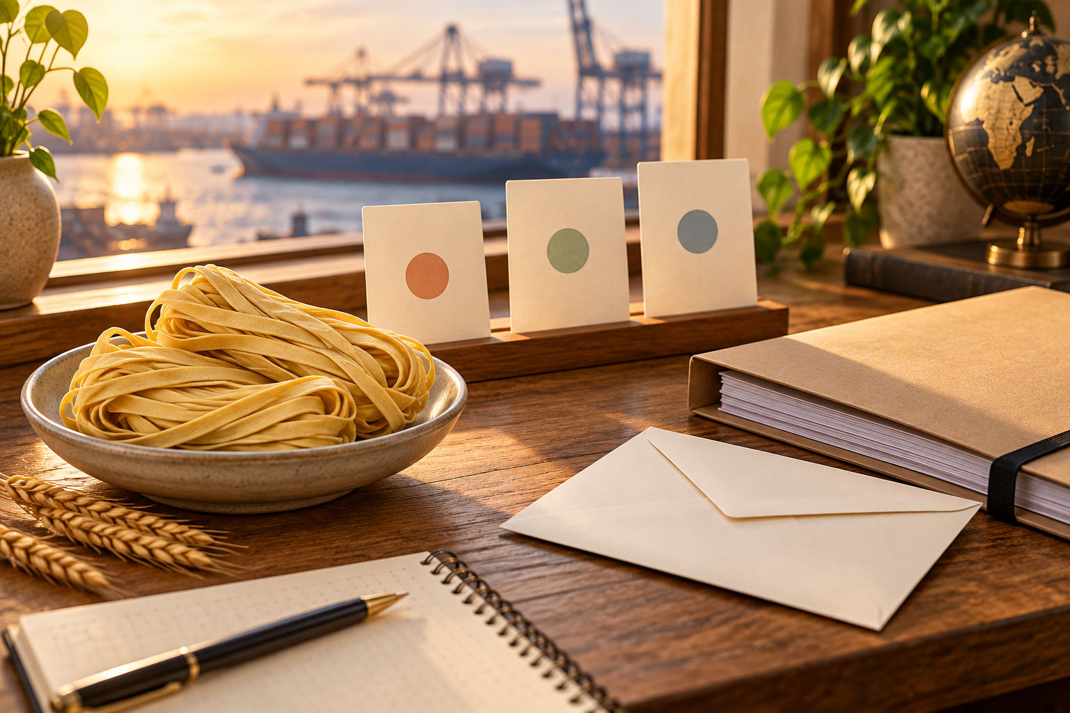 Editorial illustration of three distinct planning cards, a document folder and an envelope beside wheat noodles.