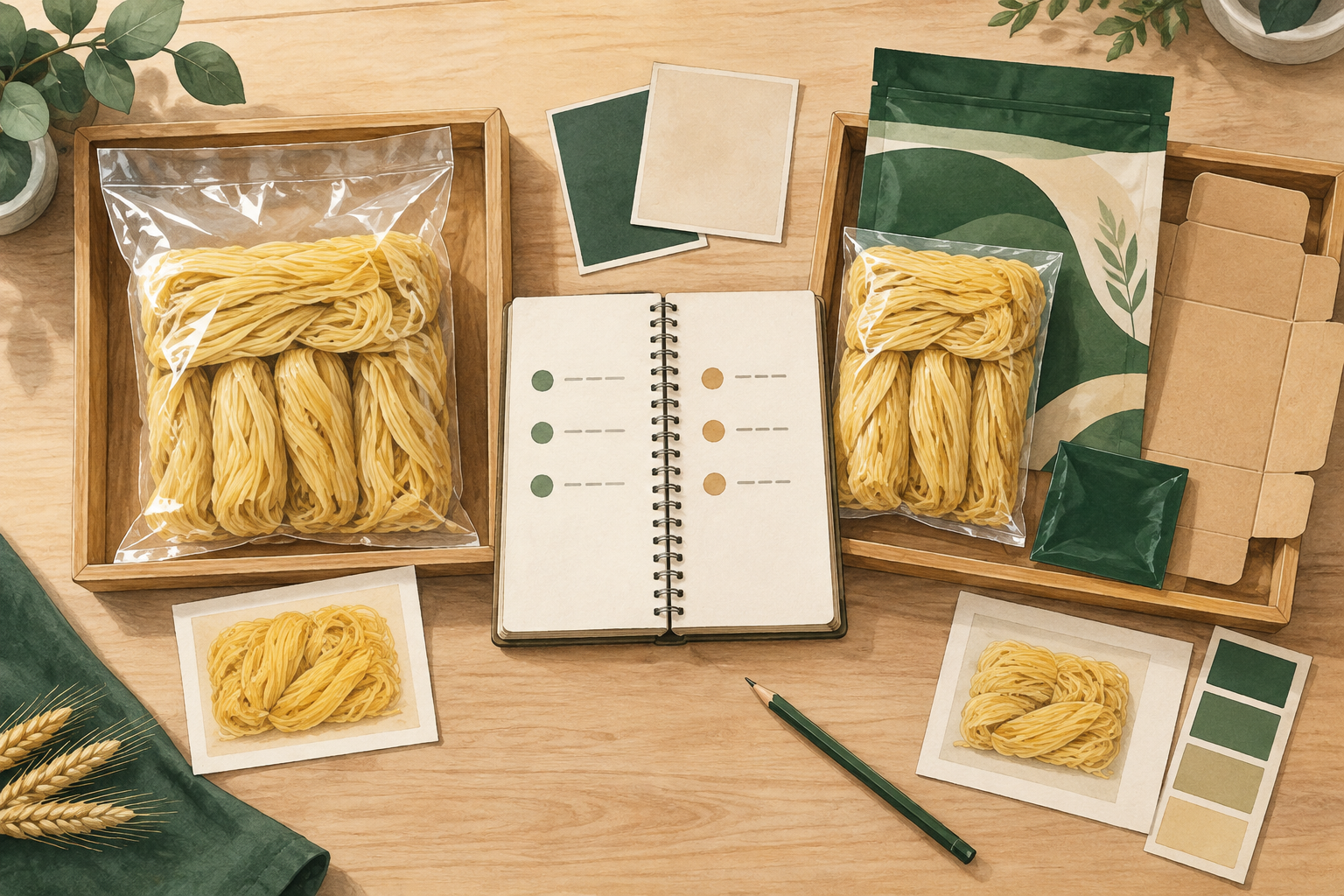 Watercolour illustration of two wheat-noodle samples with packaging components and a comparison notebook.