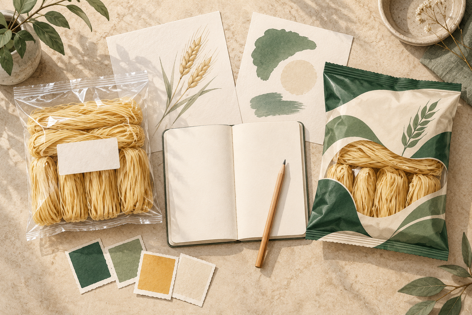 Watercolour illustration comparing a clear wheat-noodle bag and an illustrated retail pack beside a notebook and colour samples.