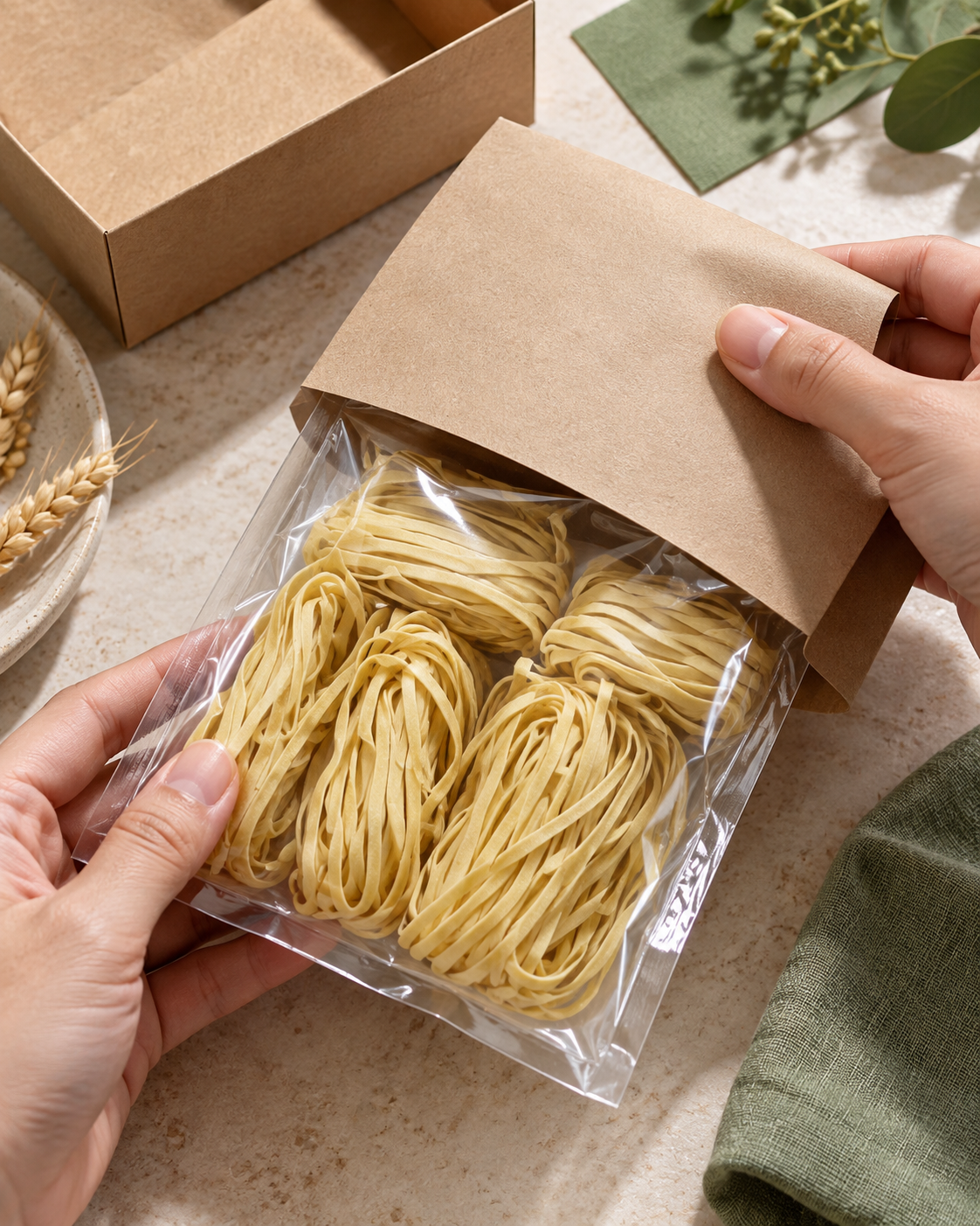 Illustration of fitting a kraft sleeve around a clear noodle package