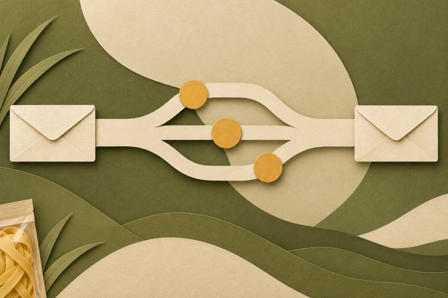 Conceptual paper-cut envelopes connected by alternative transfer-fee paths, with an unbranded wheat-noodle pouch at the edge