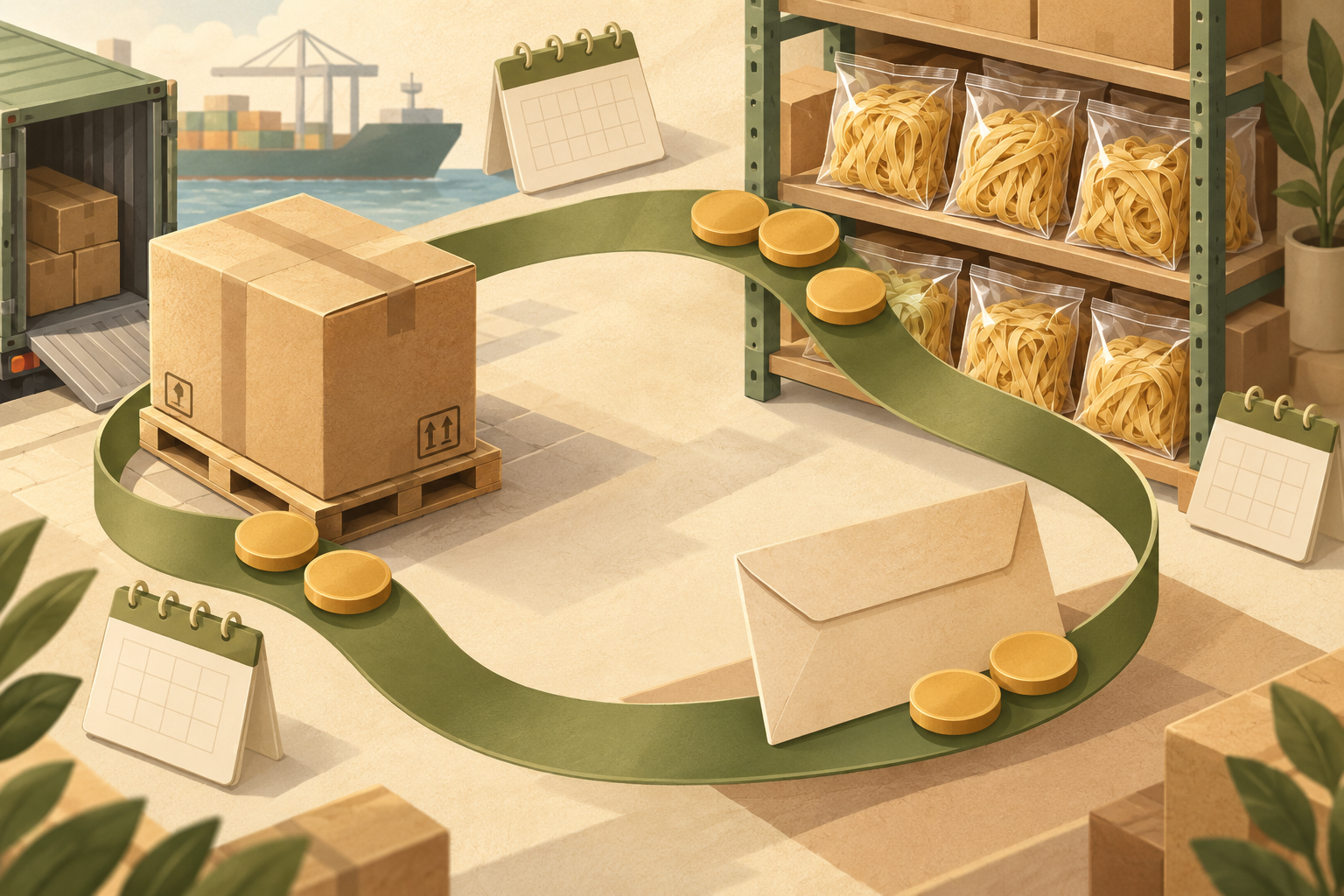 Conceptual ribbon linking noodle inventory, a shipment carton and an invoice envelope with cash tokens.