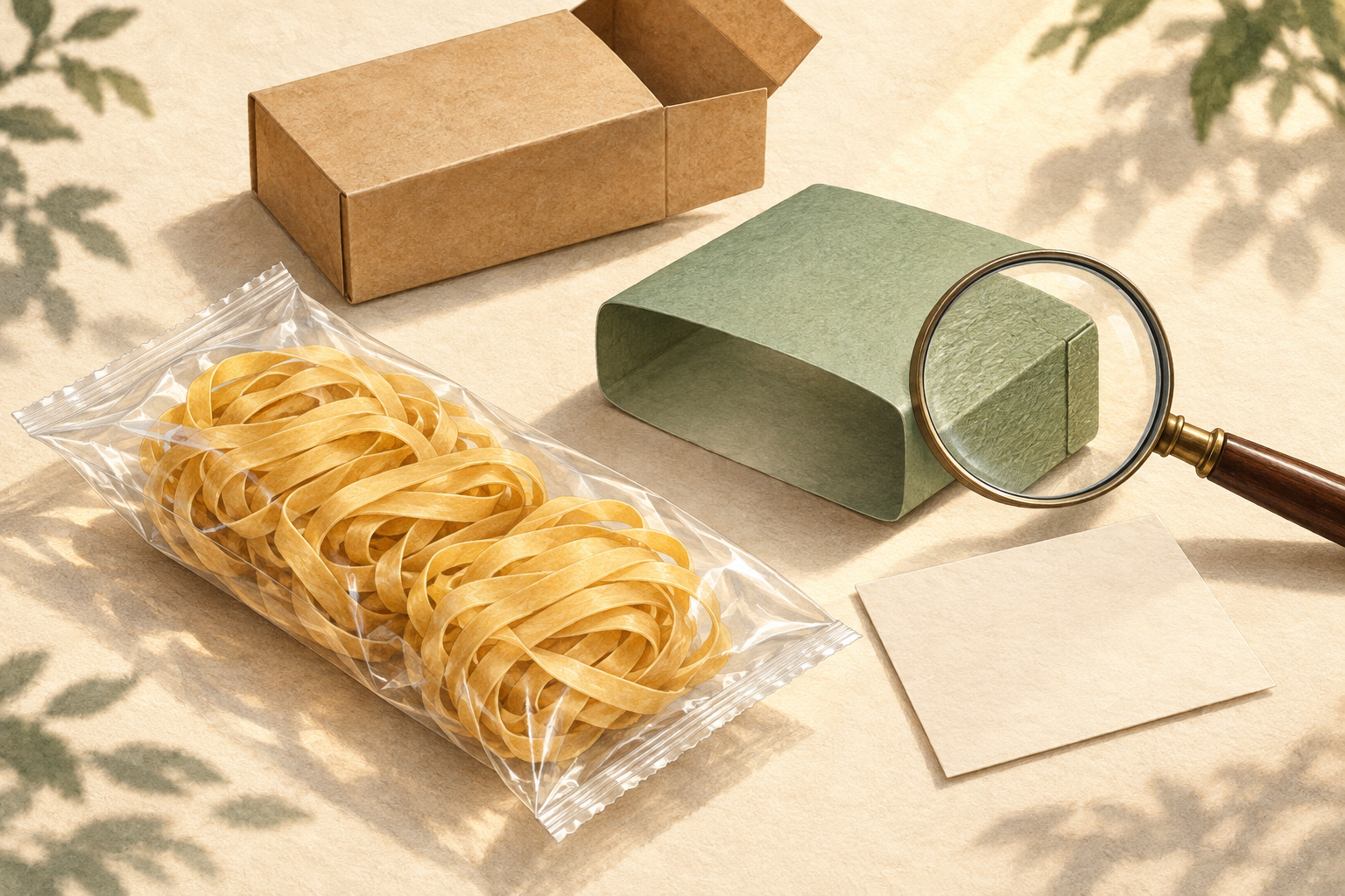 Concept illustration of a separate paper sleeve and outer carton beside a plain pouch of golden wheat noodles.