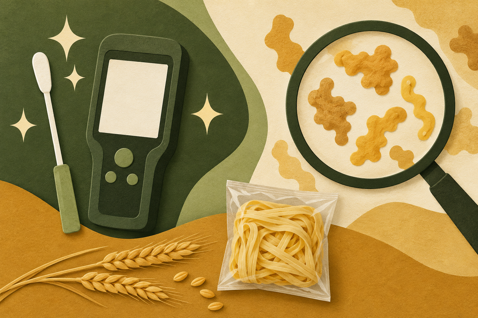 Conceptual paper-cut illustration of an ATP swab reader beside a separate allergen review symbol and wheat noodles