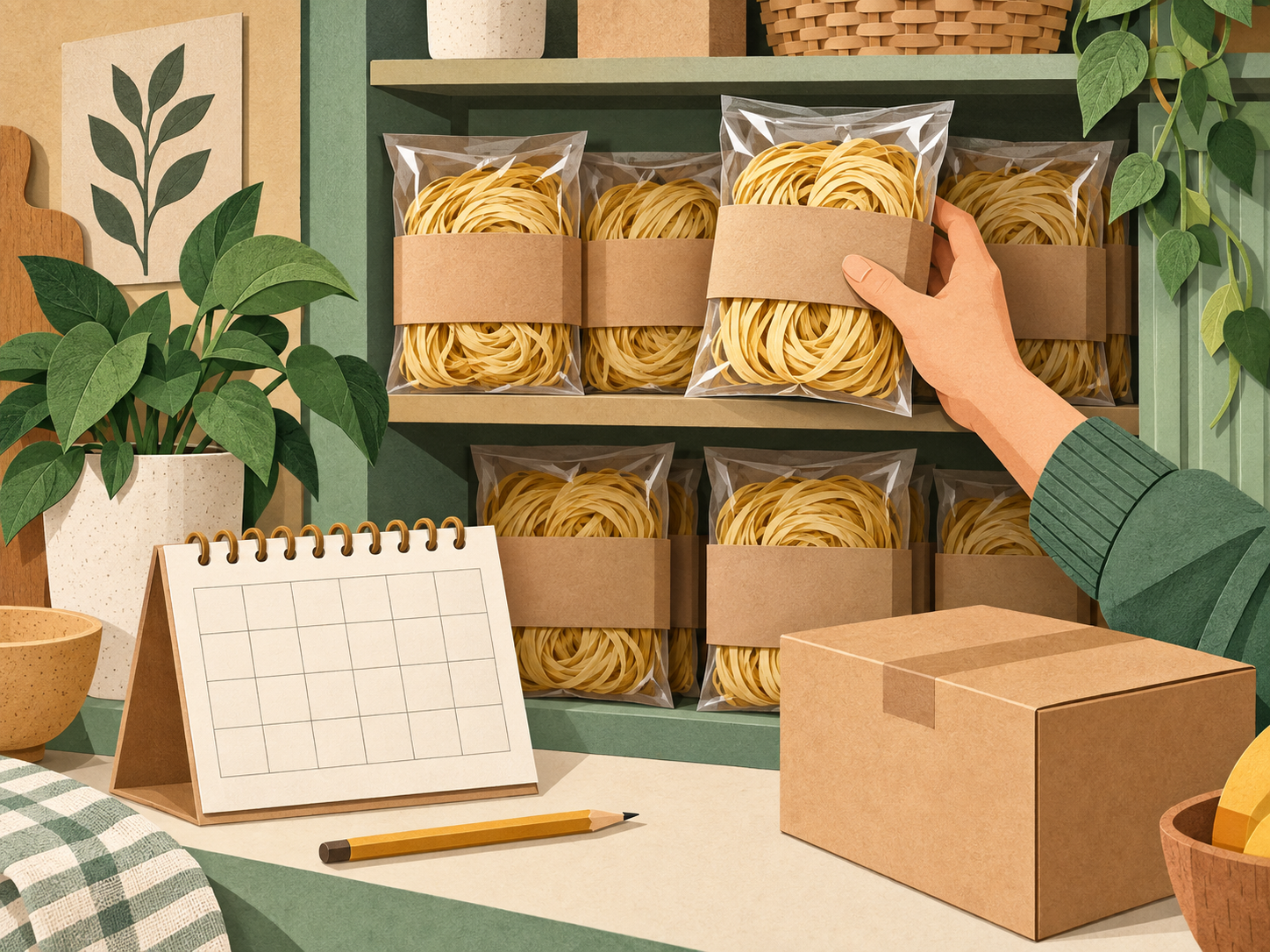Paper collage illustration of packaged golden wheat noodles and stock rotation planning