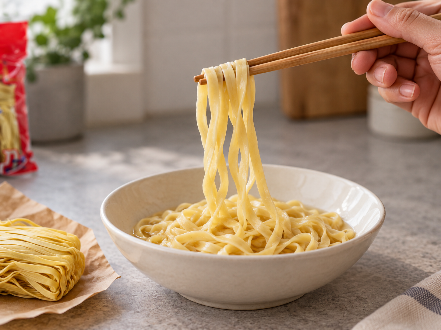 Conceptual scene of chopsticks lifting flat noodles for sample evaluation