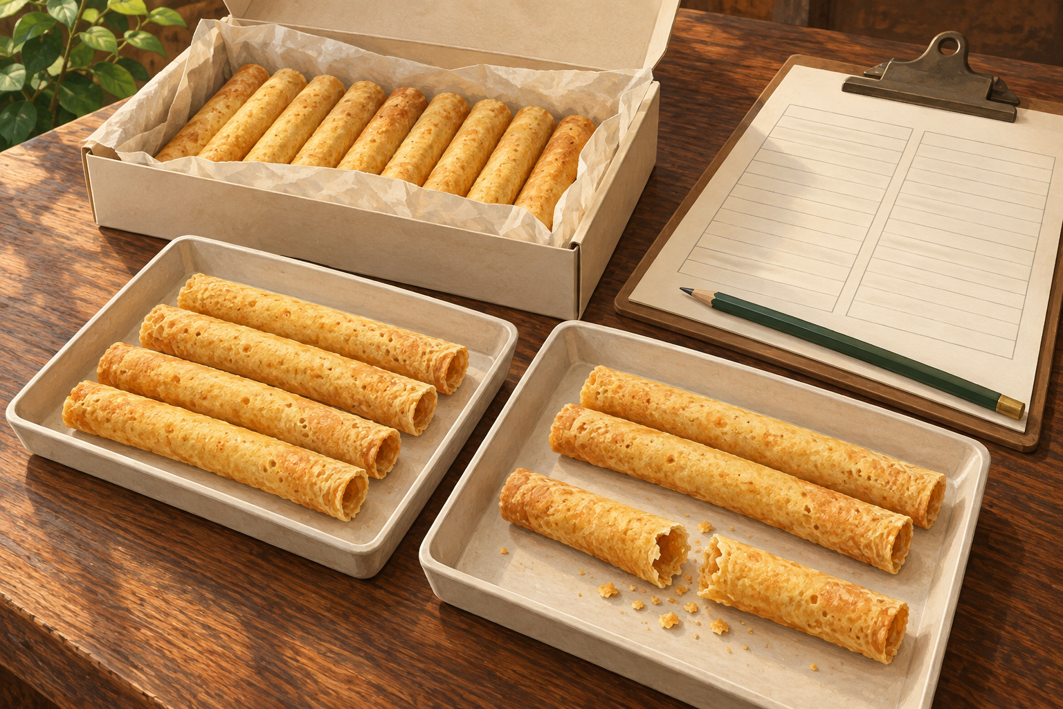 Concept illustration of intact and broken hollow egg roll cookies on trays beside a blank inspection sheet