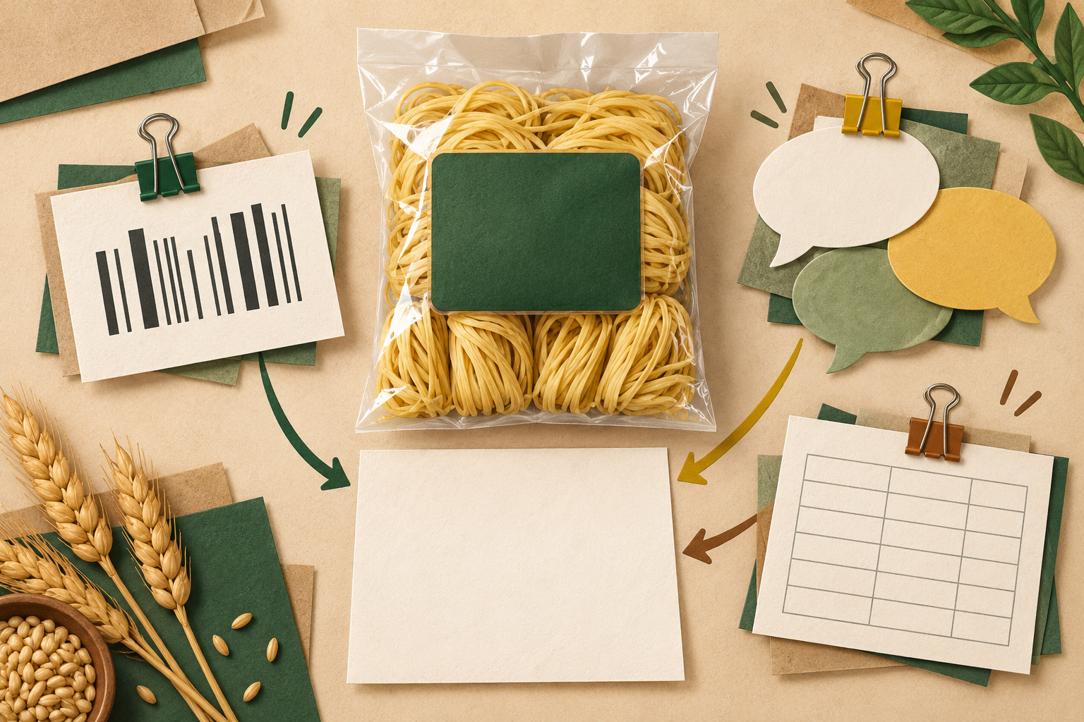 Paper collage of a wheat-noodle pack with abstract barcode lines, language bubbles and a blank data grid feeding into an artwork sheet.