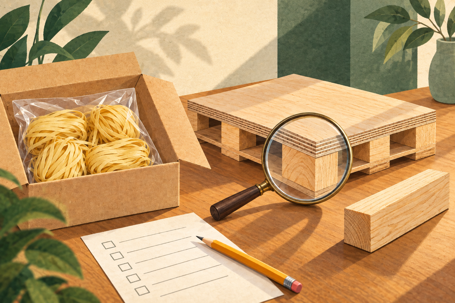 AI editorial illustration of a plywood pallet model, solid-wood block and blank checklist beside packed golden wheat-noodle nests.