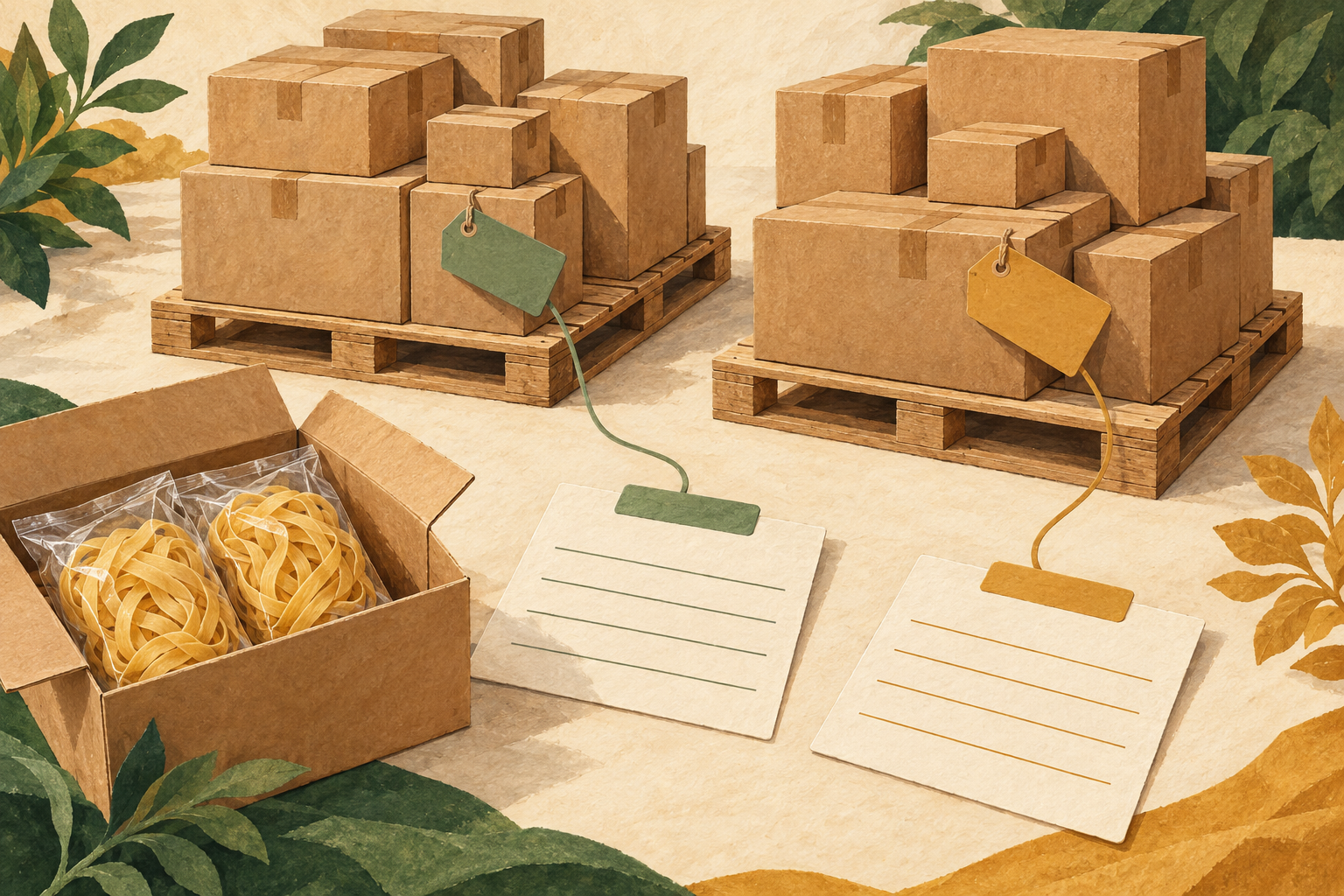 Illustrated noodle cartons on two pallets linked to separate color-matched shipment record cards.