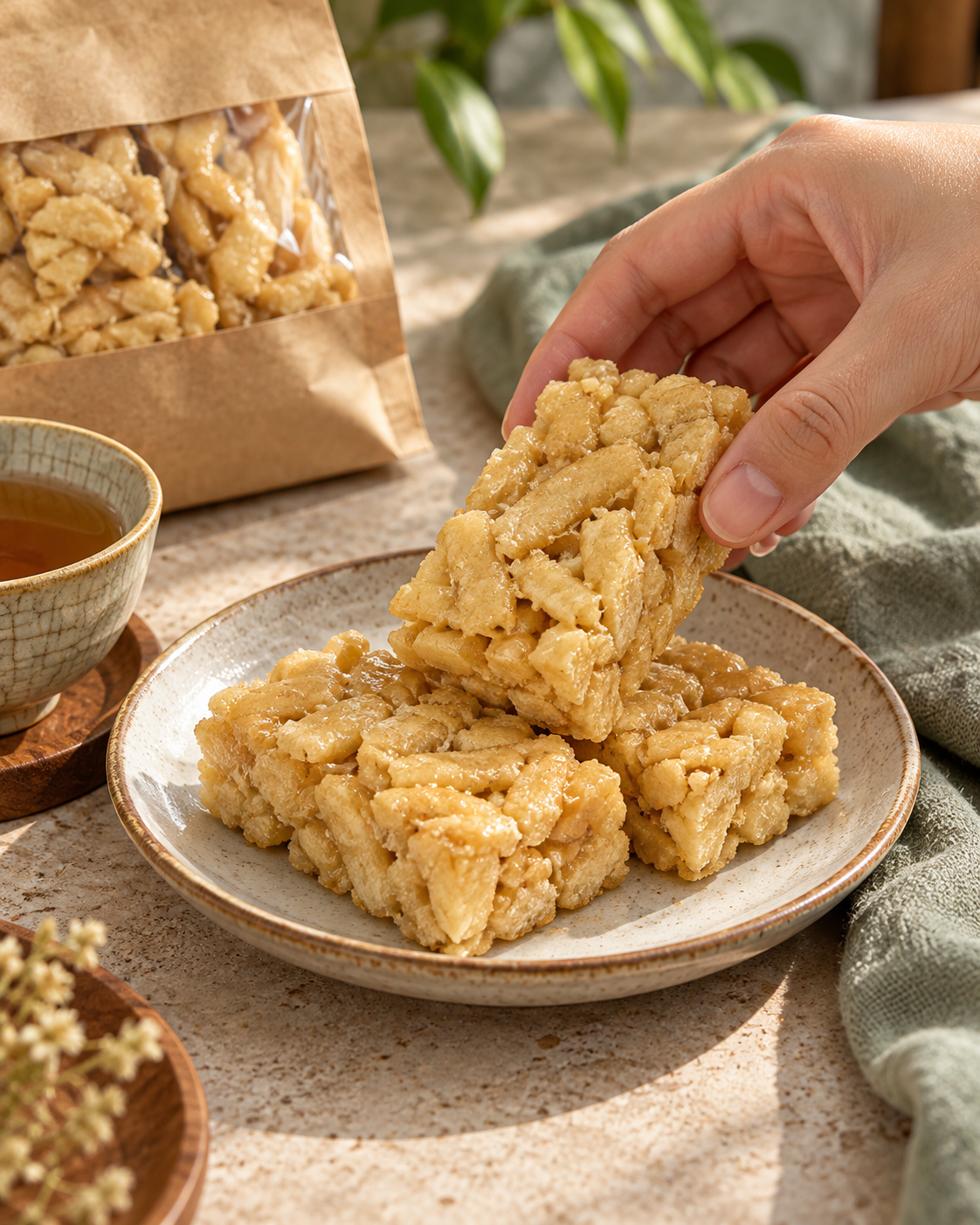 Illustration of tasting golden Shagima snack samples