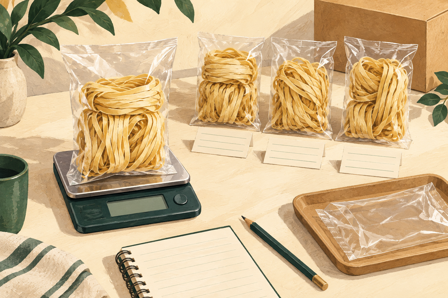 Illustrated wheat noodle pouches, individual record cards and an empty wrapper beside a scale.