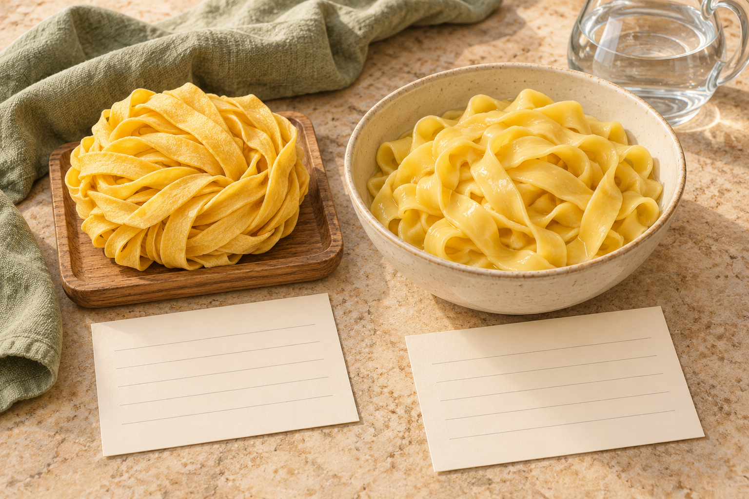 Illustration of dry golden wheat noodles and cooked noodles beside separate blank nutrition record cards.
