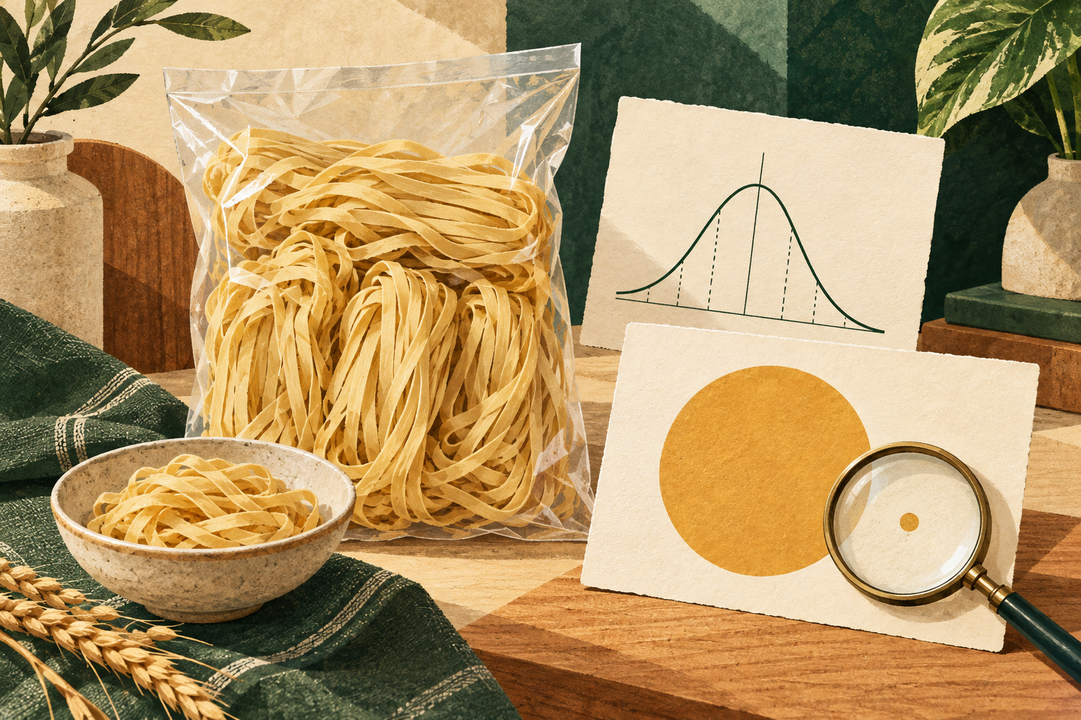 Editorial illustration of wheat noodles beside an abstract graph, circular shapes and a magnifying glass.
