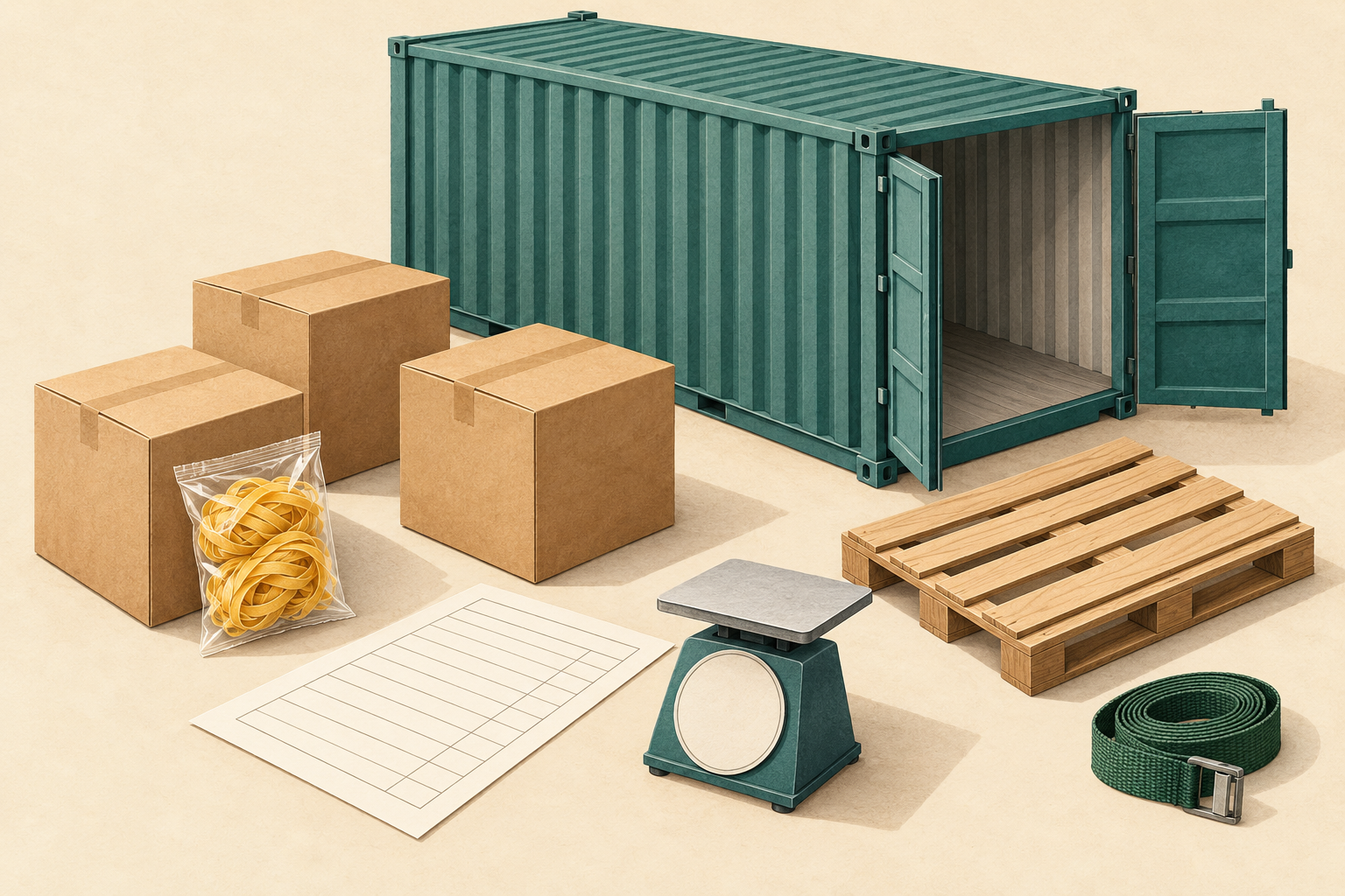 Concept illustration of a container model, cartons, pallet and securing strap beside a blank weight record.