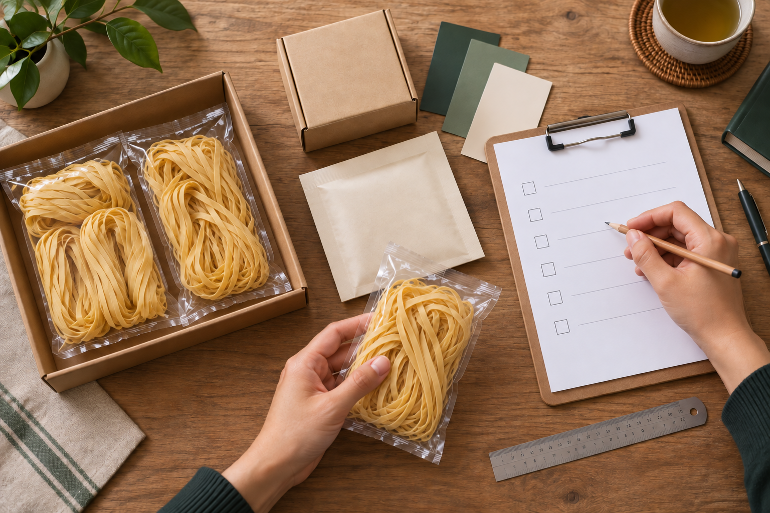 Illustrative OEM process review with golden wheat noodle samples packaging prototypes and a checklist