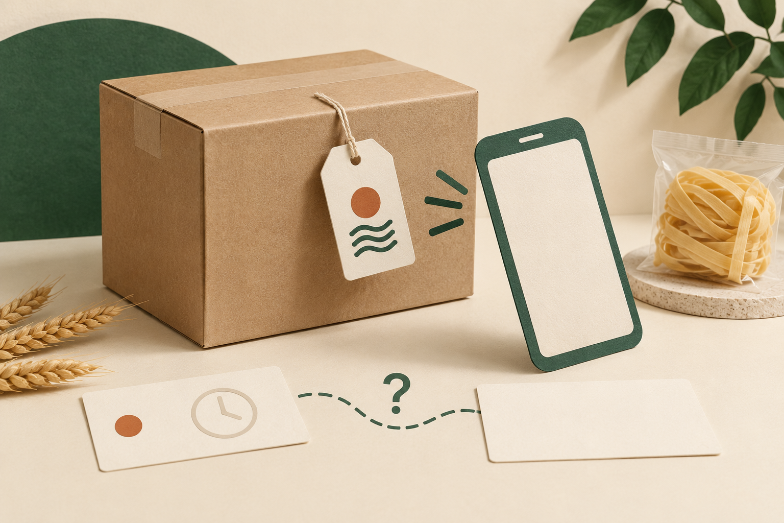 Conceptual illustration of a carton observation label, blank phone and uncertain event timeline beside wheat noodles.
