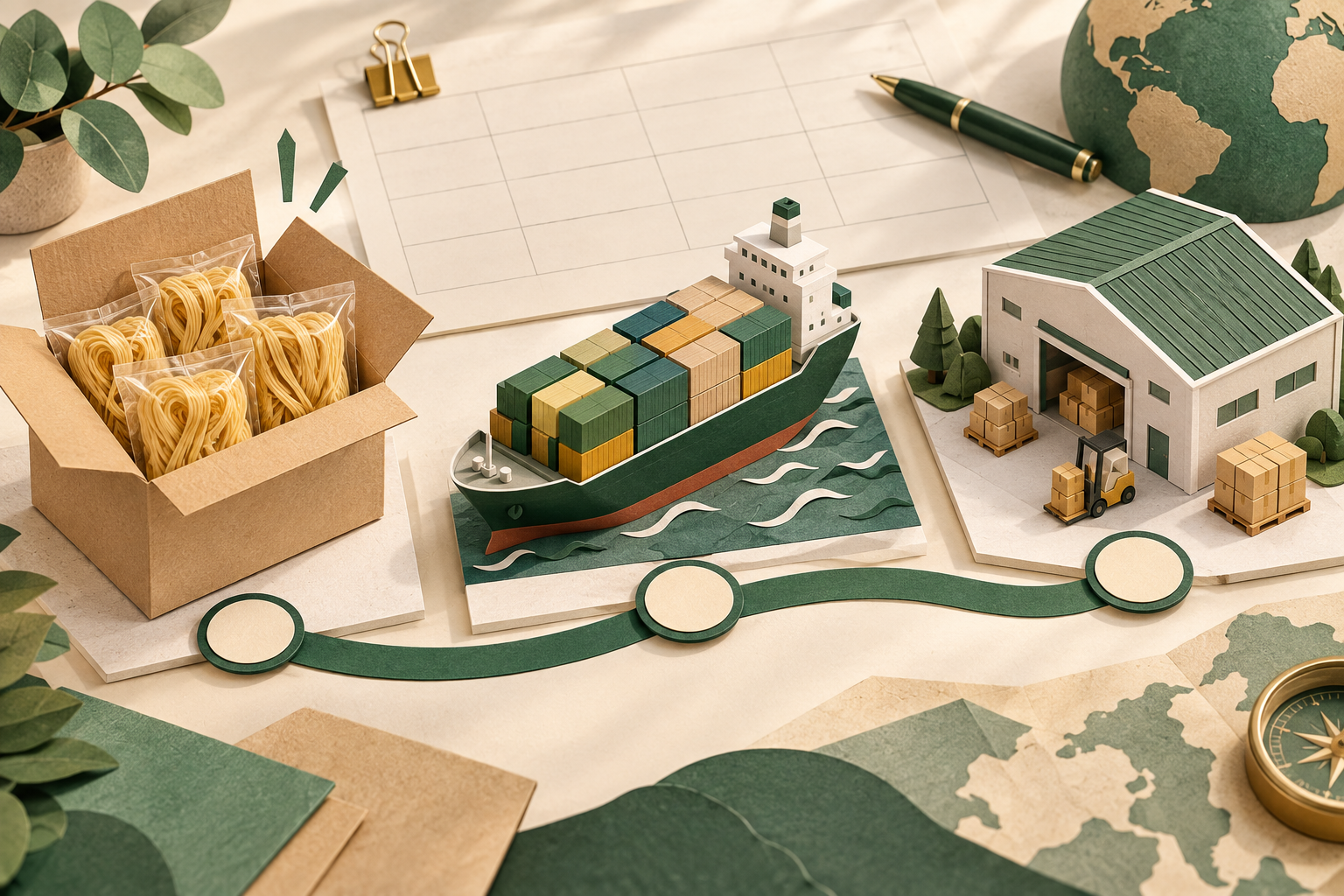 Paper model illustration of packed wheat noodles, a container ship and a warehouse linked by milestone markers.