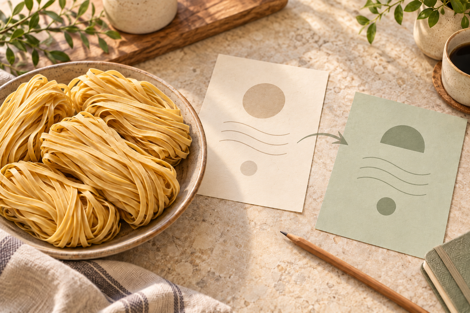 Editorial illustration of information moving between two abstract record cards beside golden wheat noodles.