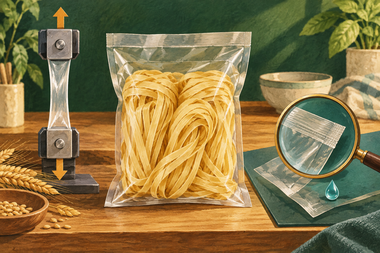 Editorial illustration of a wheat noodle pouch, opposing pull grips and a magnified package seal.